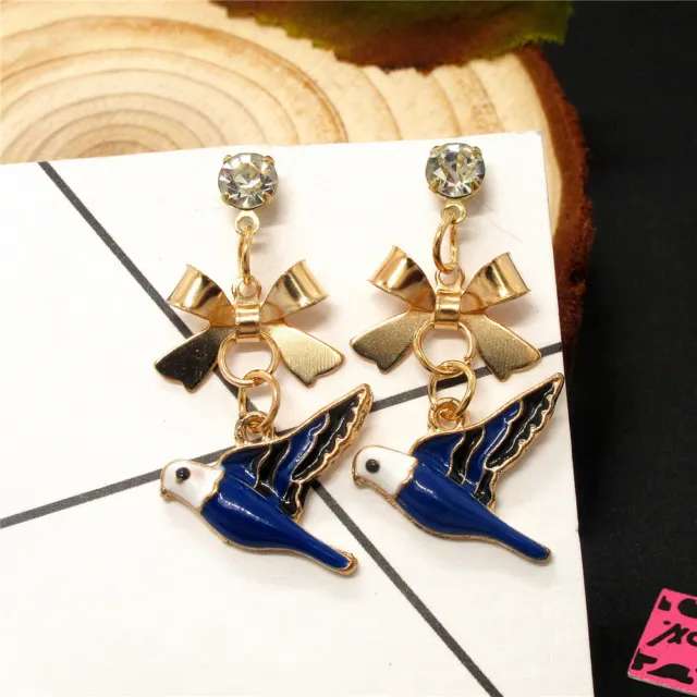 New Fashion Women Blue Enamel Cute Peace Bird Bow Crystal Stand Earrings Gift