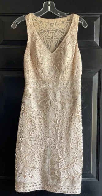 Sue Wong Nocturne Sheath Ribbon Embroidered Mesh Lined Dress Sz 6 Tan Formal