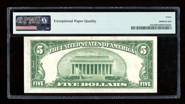 DBR 1934-B $5 Silver Fr. 1652 Vinson KA Block PMG XF-40 EPQ Serial K95768490A 2