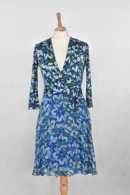 Diane Von Furstenberg Wrap Dress US 2 UK Size 6 Blue Floral 100% Silk Jersey