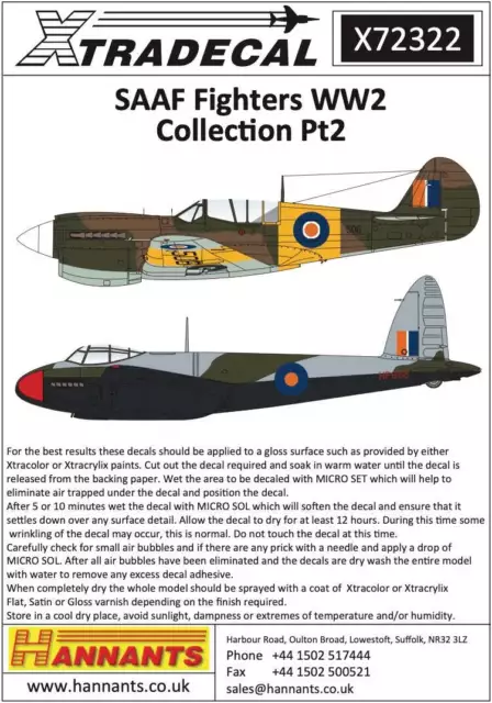 Xtradecal 72322 1:72 South African Air Force SAAF Fighters WWII Collection Part