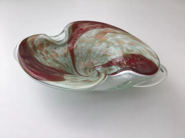 Murano Fratelli Toso Art Glass Bowl Ruby Red Copper Aventurine Swirl Italy MCM
