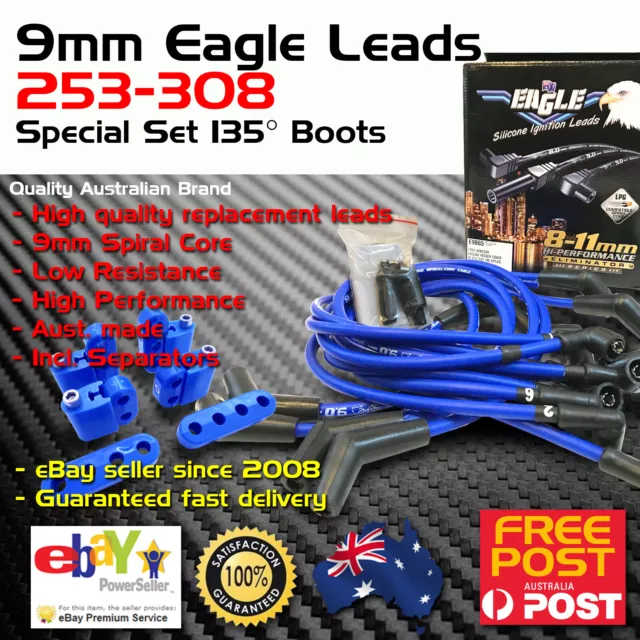Eagle 9mm Spark Plug Leads Fits Holden V8 308 Around R/ Covers 135° Boots + MTS