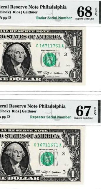 RADAR & Repeater   $1  Federal Reserve S/N 16711761-16711671  PMG 68  TWO notes