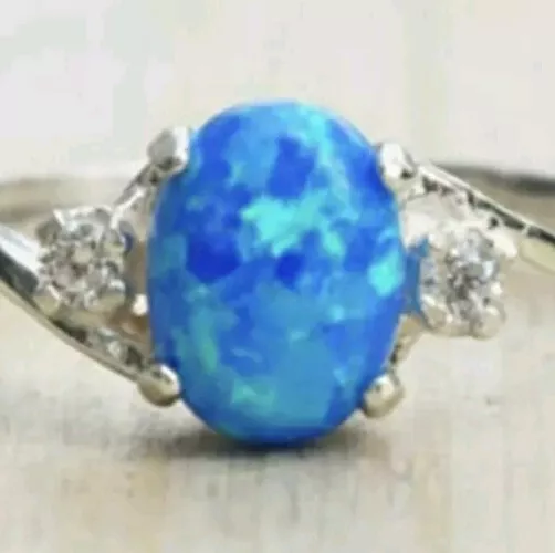 CELTIC CLADDAGH RING Sterling Silver 925 Lab 3ct Blue Opal Size 8 $40. ...
