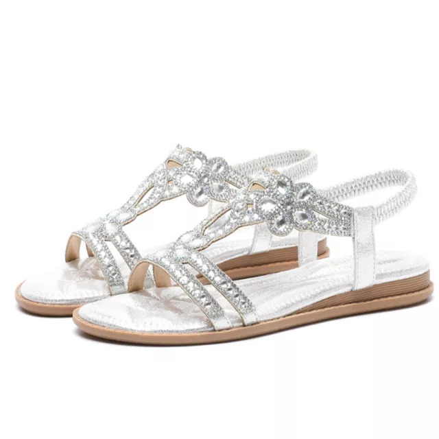 Bohemia Summer Women Ladies Bling Flower Crystal Flat Sandals Beach Casual Shoes 2