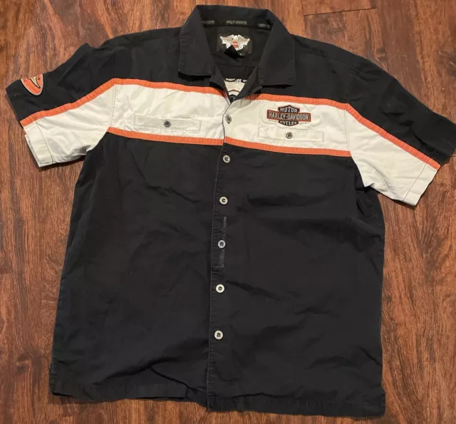 Harley Davidson Shirt Mens Large Black Orange Motorcycles Mechanic Button Up