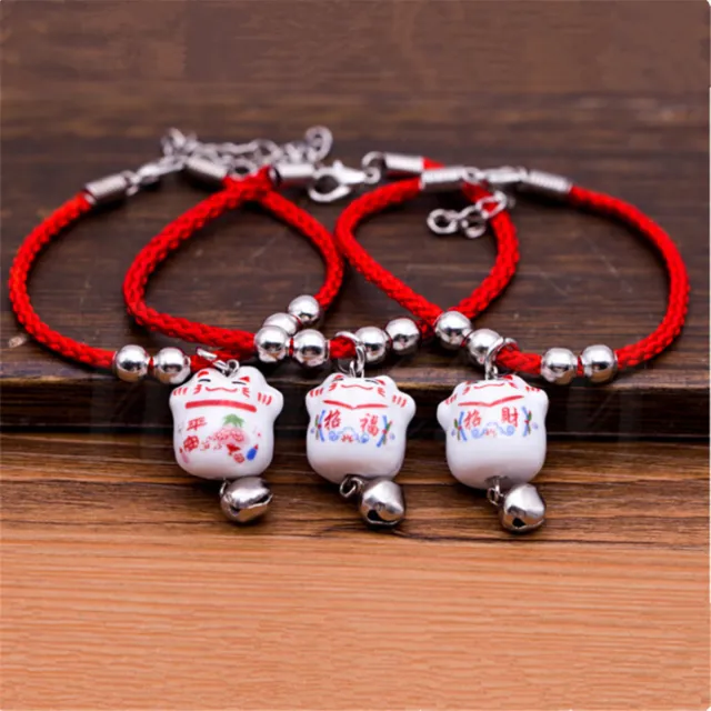 2X Glück Keramik Fortune Katze Rot Seil Armband Anhänger Fengshui Segen Geschenk