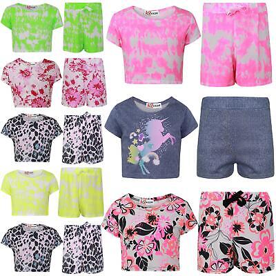 Kids Girls Crop Top & Shorts Floral Tie Dye Leopard Unicorn Summer Outfit Sets