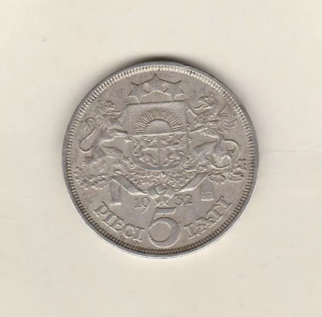 Latvia 1932 Silver Five Lati Coin In Near Extremely Fine Or Better Condition.