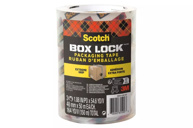 Scotch Box Lock Clear Packaging Tape, 48 mm x 50 m, 3 Rolls/Pack, Shipping and M