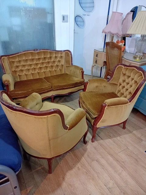 Elegant French Walnut Framed Sofa Witch Matching Armchairs