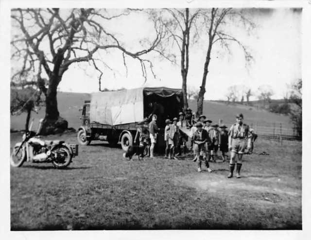 Truck Motorcycle Group Troop Boy Scouts B/W Photograph 4.5"x3.5"