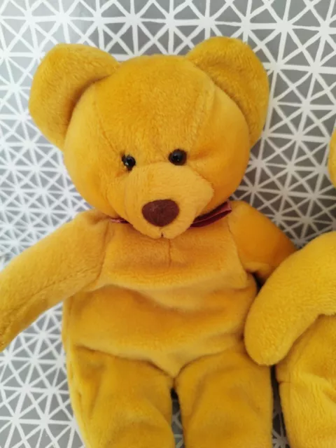 Doudou peluche ours jaune orange noeud satin marron 25 cm Yves Rocher lot de 2 3