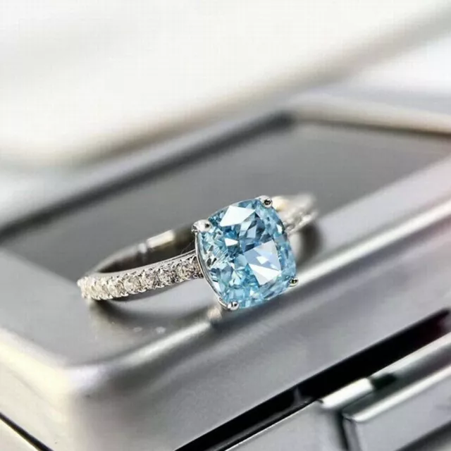 CUSHION CUT LAB Created Aquamarine Diamond Engagement Ring 14K White ...