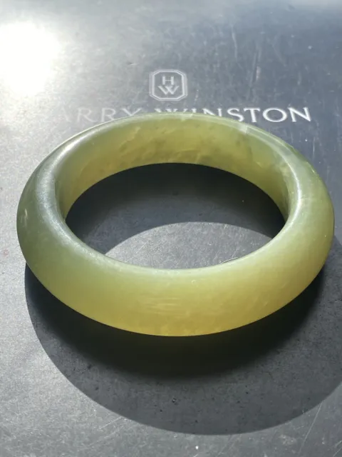 Extremely Rare Chinese Hand Carved Chunky Translucent Green Jade Bangle 60mm