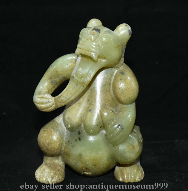 4" Old Chinese Hongshan Culture Hetian White Jade Carved Animal Bear Fish Statue