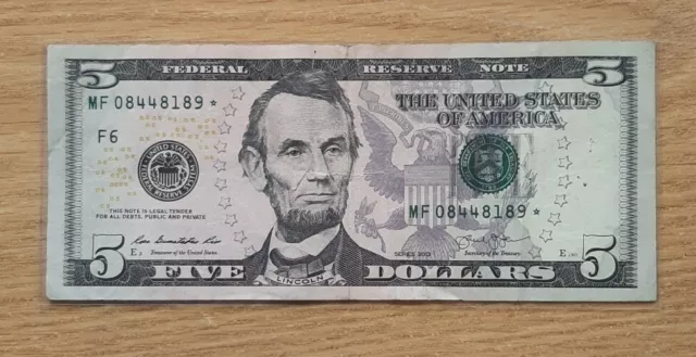 2013 Abraham Lincoln Five Dollar Bill $5 Star Note 08448189*