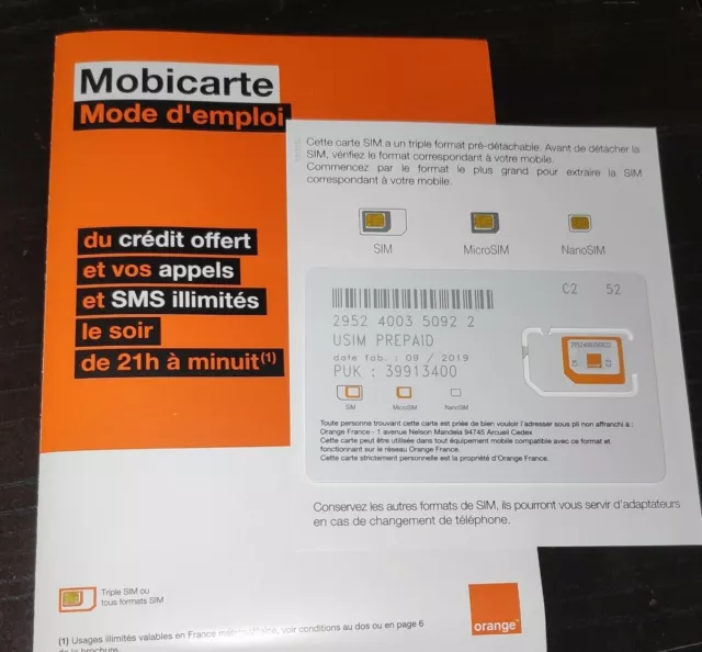 Carte sim prépayée orange 4G mobicarte 5€ de crédit inclus sans abonnement