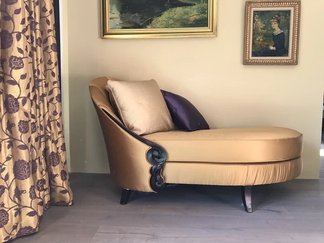 Designer Christopher Guy gold silk chaise sofa day bed carved mahogany bespoke