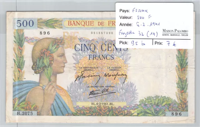 BILLET FRANCE - 500 Francs 6/2/1941 - Fayette 32(14) Pick 95b - N°896