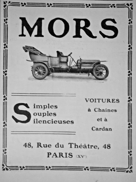 Publicité De Presse 1908 Automobile Mors Voitures A Chaines Et A Cardan