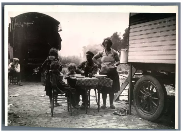 France, Gypsy Family Trailer Vintage Silver Print Silver Print
