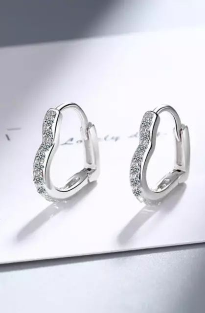 925 Sterling Silver Ladies Heart Pave Huggie Hoop Earrings