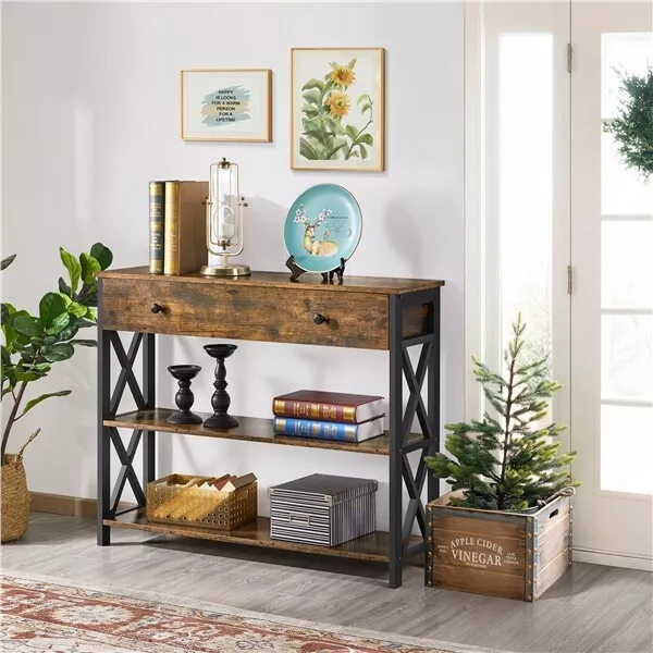Console Table with Long Drawer & Storage for Living Room/Hallway/Entryway Rustic