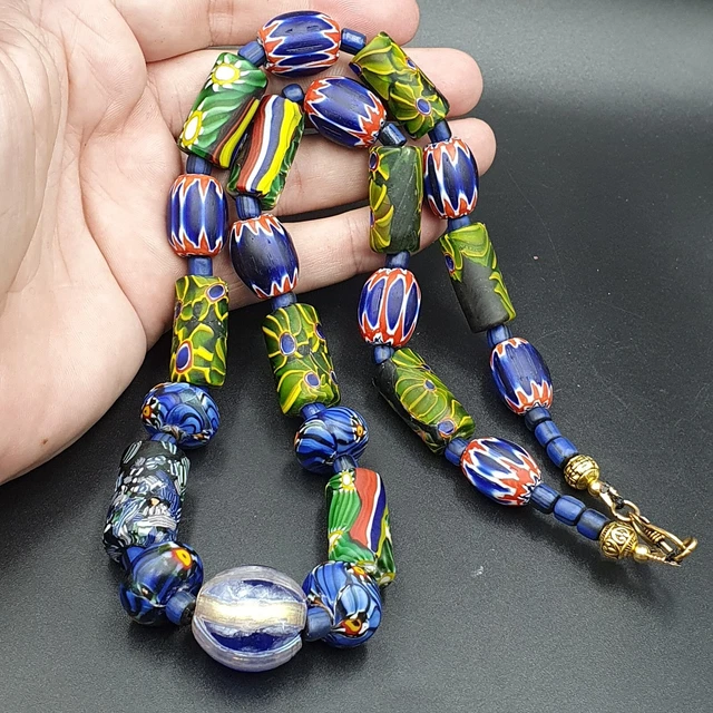 AA Vintage African Fancy Floral Glass Blue Chevron Beads Long necklace 350 grams
