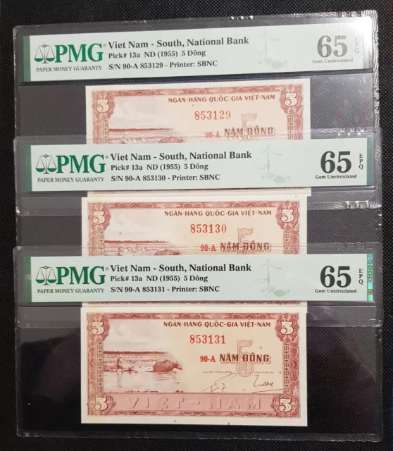 1955 Viet Nam South National Bank Pick#13a 5 Dong PMG 65 EPQ 3 CONSECUTIVE129-31