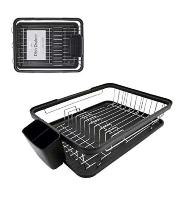 Anika Kitchen Dish Drainer Rack Separate Cutlery Holder Removable Drip Tray Bk