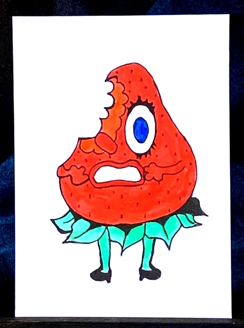 Original ACEO Strawberry Bite Ink Art Medium Marker on Paper Signed by Artist