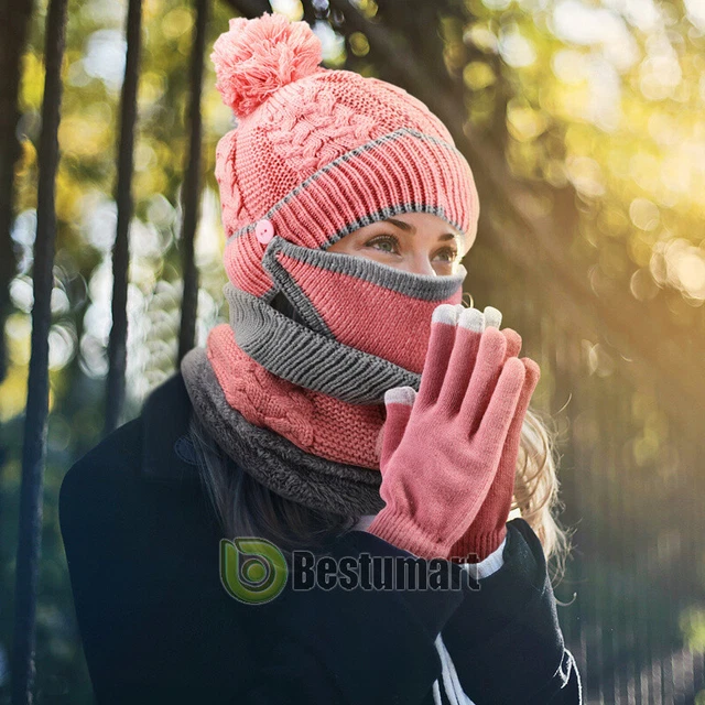 Gorro de Invierno Para Mujer Con Bufanda y Máscara Sombrero Gorro de Punto Calid 3