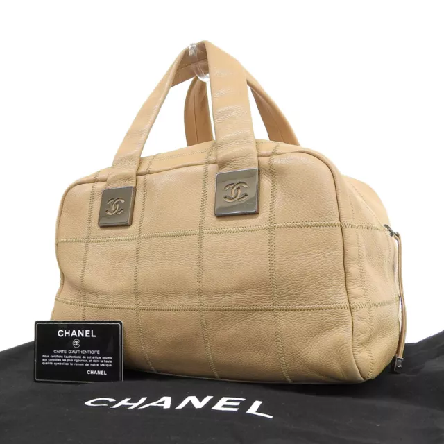 AUTH CHANEL BLACK Canvas and Beige Leather 2-Way Hand Shoulder Bag