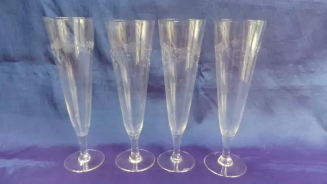 Retro Vintage Bohemia 24% Lead Crystal Etched Champagne Flutes X 4 Czech