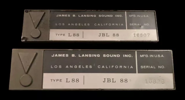 2 Vintage JBL L 88 Speakers Original Serial # Metal Badge Plate L88 Pair