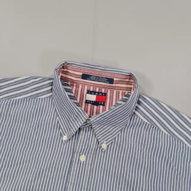 Vintage Tommy Hilfiger Mens Shirt Blue Large Striped Lion Crest Logo Button Down