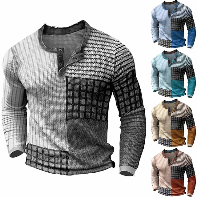 T-shirt Manches Longues Henley Homme - Boutons Col, Coupe Regular, Tailles M-3XL, Plusieurs Thèmes