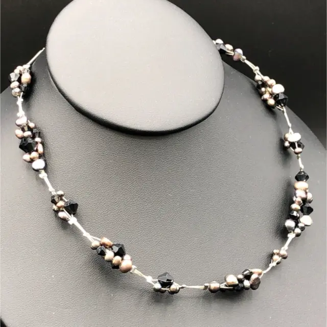 Lia Sophia Pearl Cluster Necklace Silver Tone Cable Collar Taupe Bronze Black