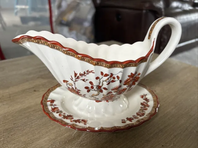 Copeland Spode Indian Tree Gravy Boat With Attached Under Plate  Old Mark