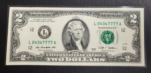 2009 $2 Federal Reserve Note - FANCY 4 Digit Solid 7777 - LUCKY MONEY