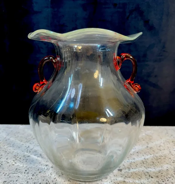 Vintage Hand Blown Art Glass Vase Ruffled Rim 8” Double Amberina Handles Glow