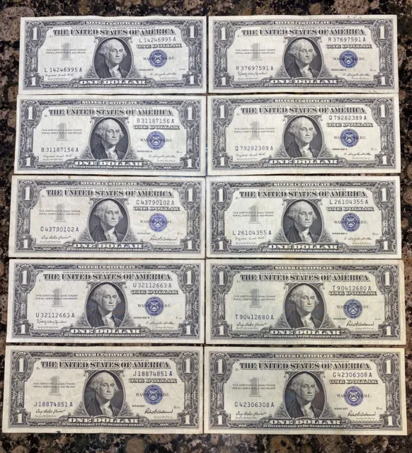 LOT OF 10 - 1957 $1 Silver Certificates BLUE SEAL One Dollar Banknotes