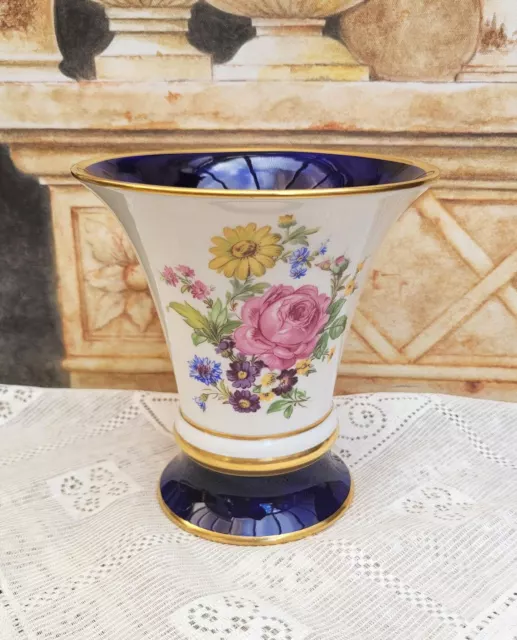 Vintage Royal Dux Bohemian Trumpet Vase, Cobalt Gold, Floral Sprays 508