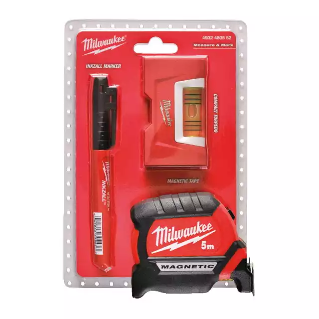 Milwaukee Set Cinta Métrica 5M, Mini Nivel Magnético, Marcador Permanente 2