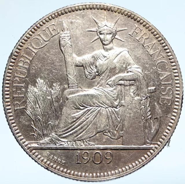 1909 A FRENCH INDO-CHINA Antique BIG Silver Piastre Coin France Republic i99828