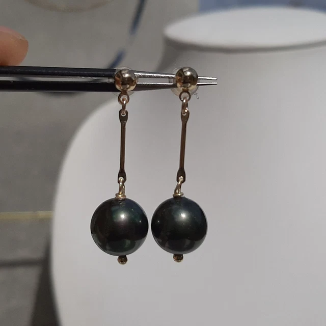 Boucles D'oreilles Clous Perles Noires De Tahiti - Coquillage Ton Paon, Plaqué Or, Neuves