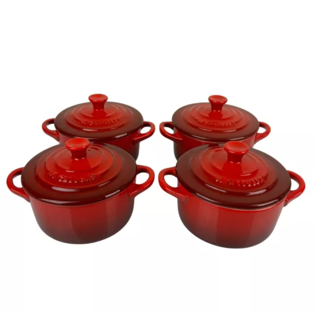 Le Creuset Set of 4 Mini Stoneware Bakers Round Cocotte, Cerise Red Handled