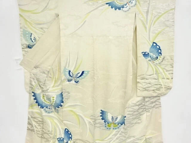 39671# Japanese Kimono / Antique Furisode / Embroidery / Butterfly